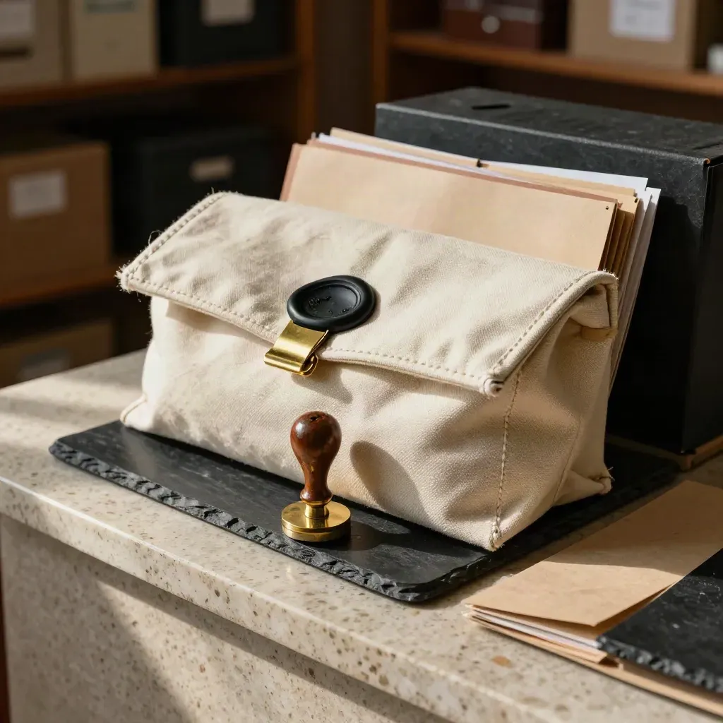 Sealed customs pouch, brass clip, stamp pad and file block on travertine in warm late-afternoon light.