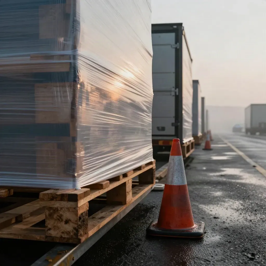 Dawn-lit quay-side staging bay with wrapped pallets, chock, dock doors and route cones