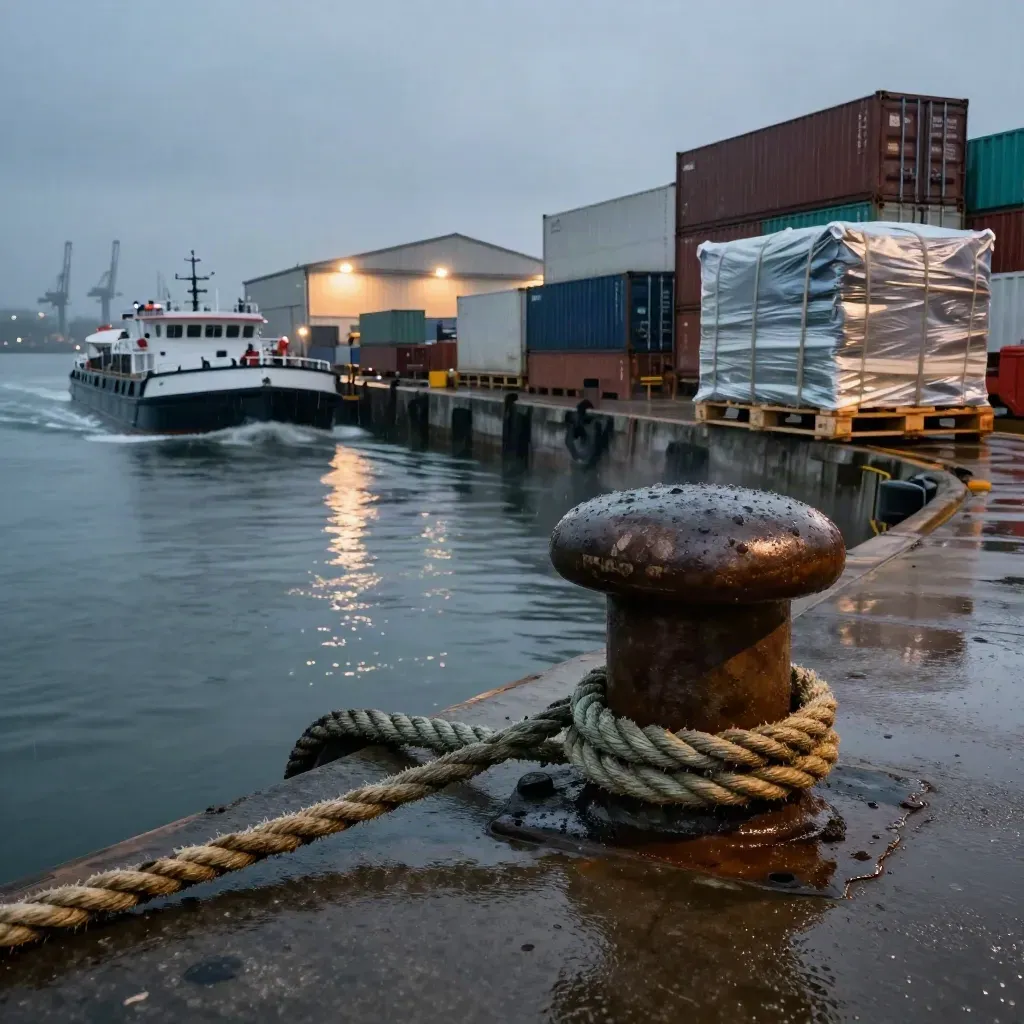 Rainy river-port freight apron with pallets, containers, barge wake and a lit warehouse bay.