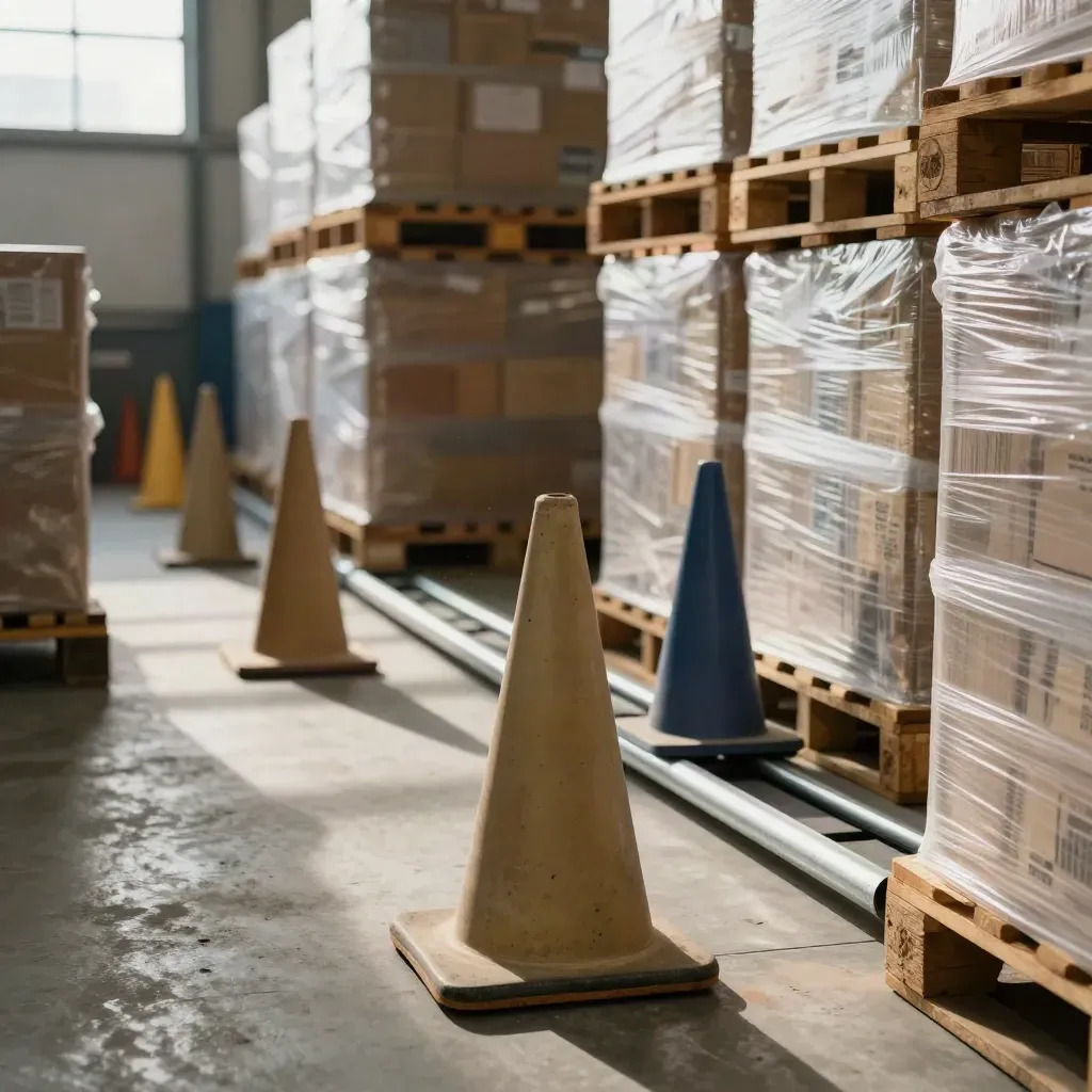 Warehouse pallet lane with roller track, route cones and wrapped stacks in warm window light.