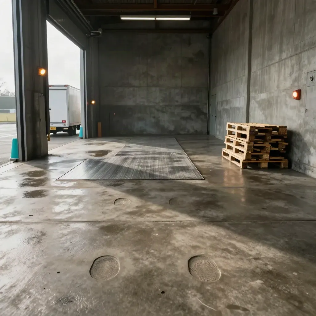Cleared warehouse loading bay with wet concrete, four pallet marks and a waiting trailer at dusk.