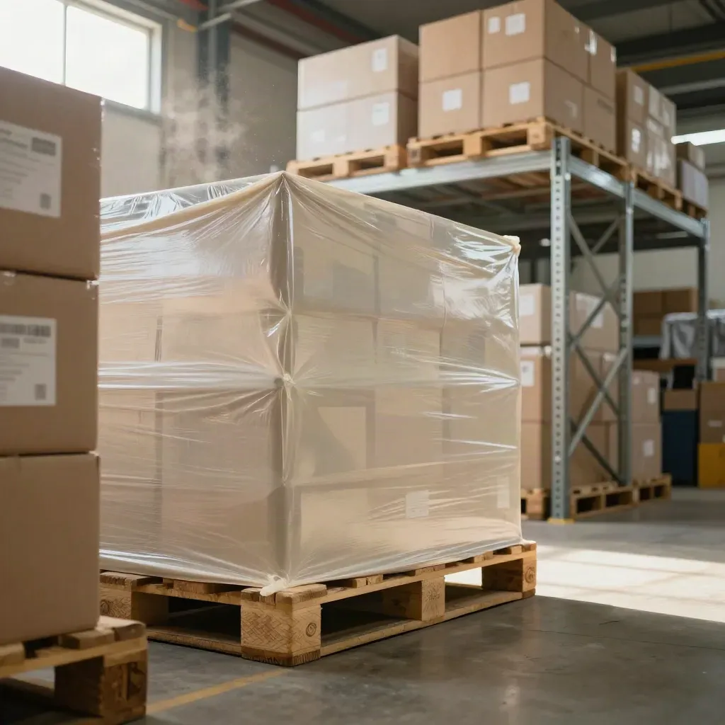 Warehouse aisle with launch stock pallets, shrink-wrap, and racking ready for shipment.