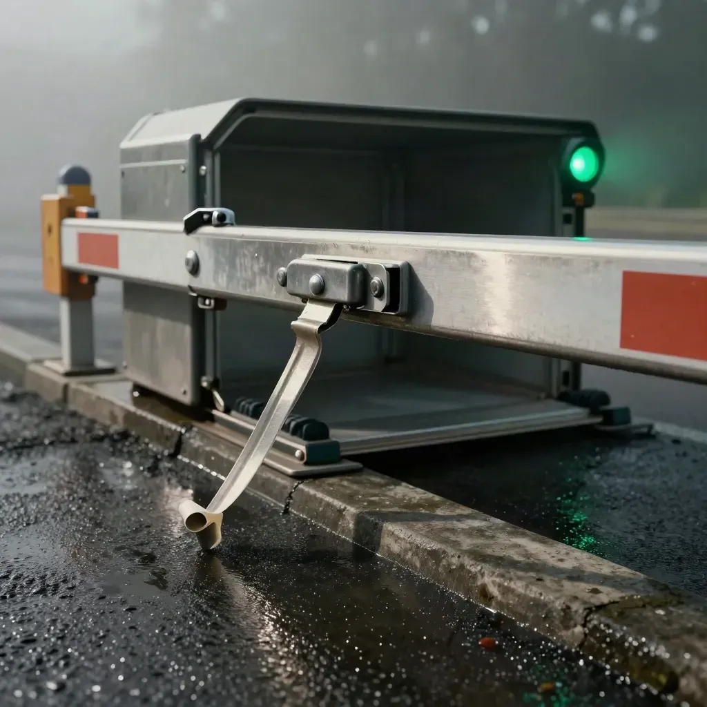 Opened crate seal by a raised barrier arm and glowing collection bay in mist.