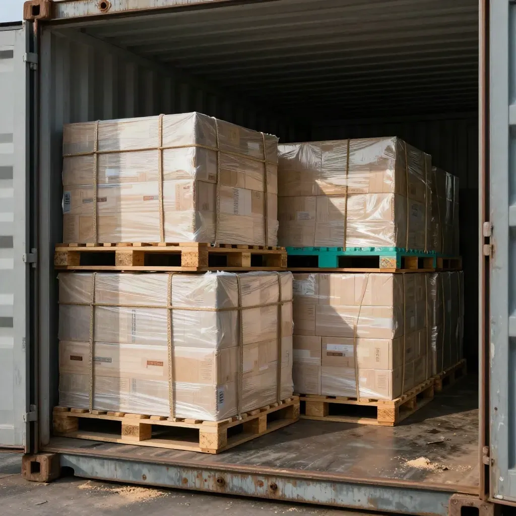 Packed shipping container with dense pallets and cartons, viewed from the doorway
