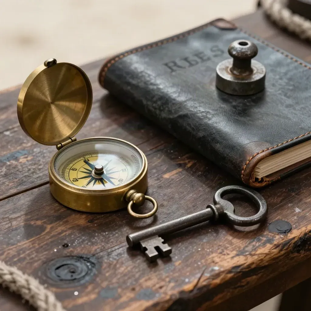 Brass ship’s compass, closed route ledger, cargo seal and dock key on dark wood.