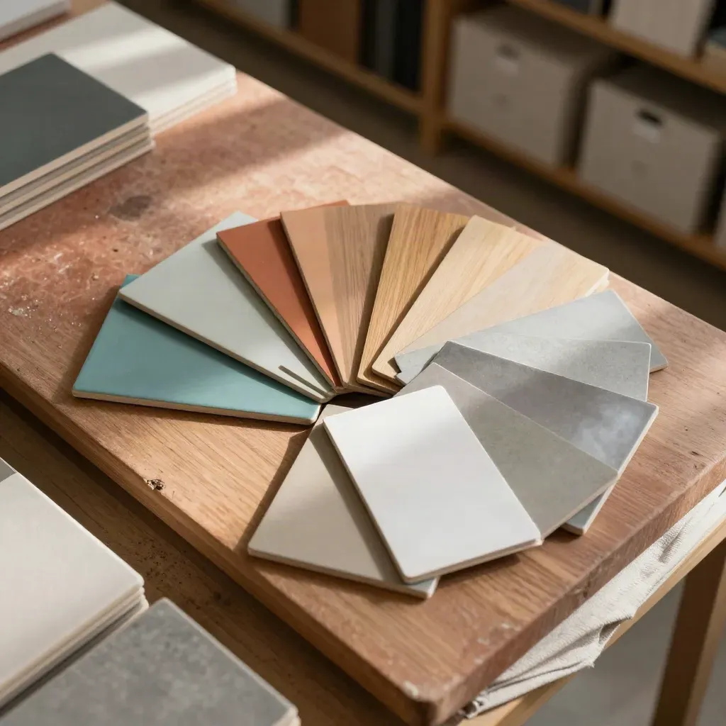Overhead material swatches, ceramic chips and timber veneers on a sourcing bench.
