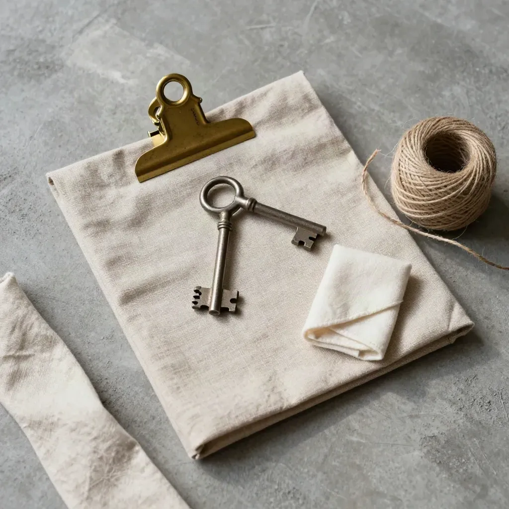 Overhead still-life of a linen dispatch folio, brass clip, cargo key and twine on concrete.