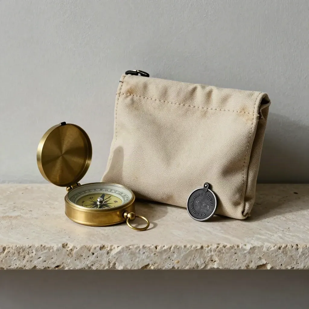 Brass compass, route pouch, dock token and transit marker on a pale stone shelf.