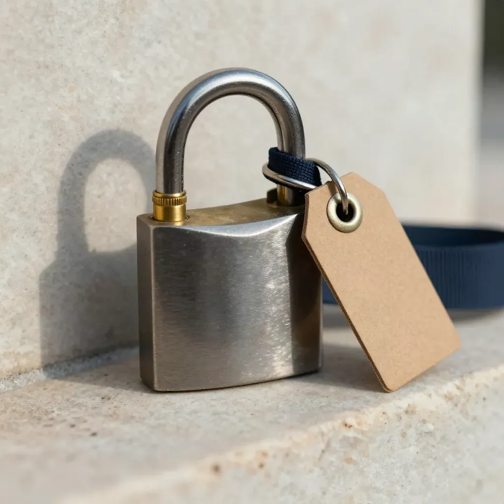 Padlock, coupling pin, buckle and freight tag on limestone ledge