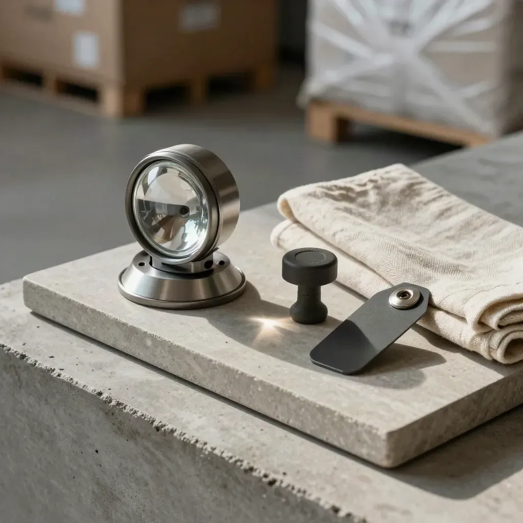 Beacon, tracking puck and sealed transit tag on a stone tray, soft side light