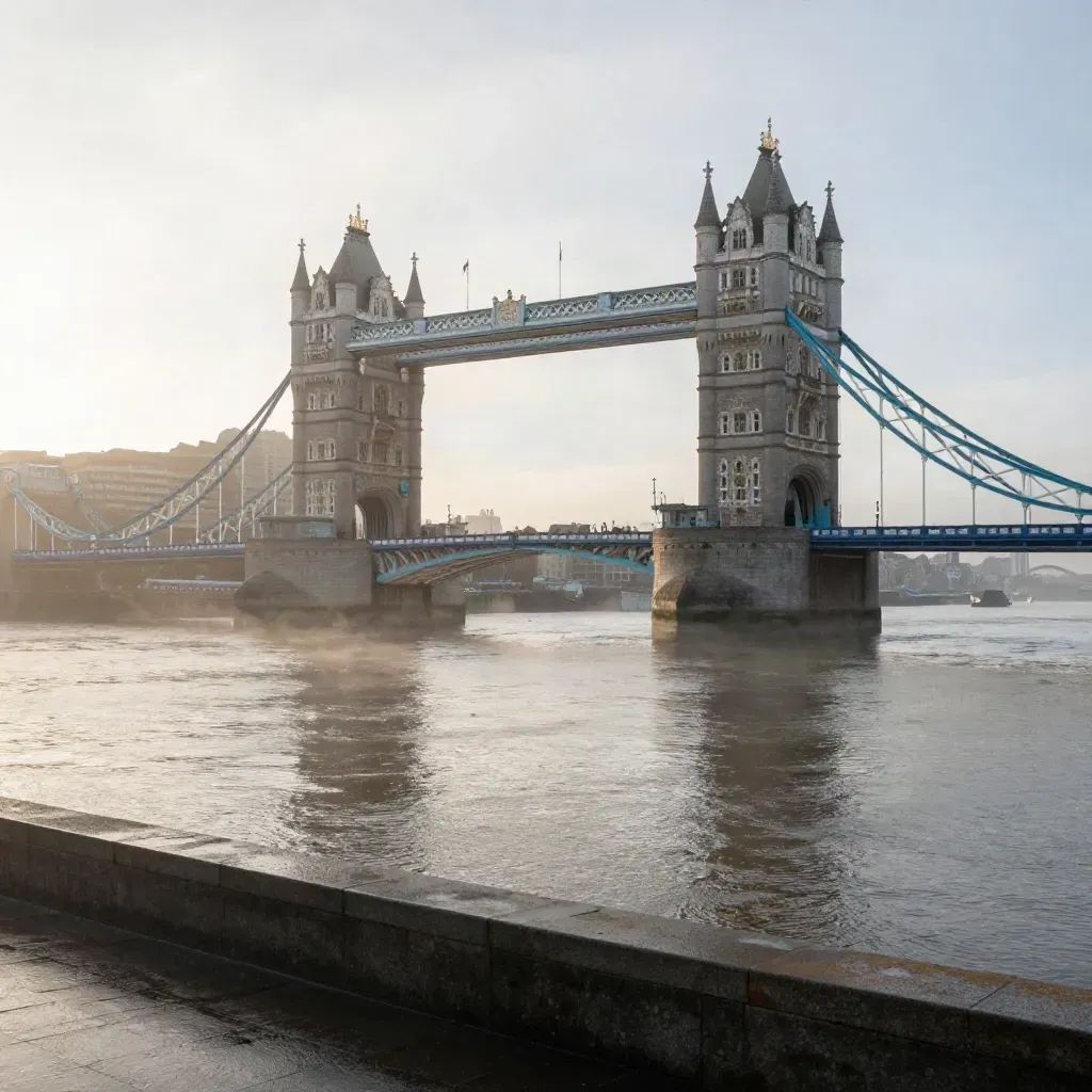 Tower Bridge at dawn above misty Thames water with calm space for copy