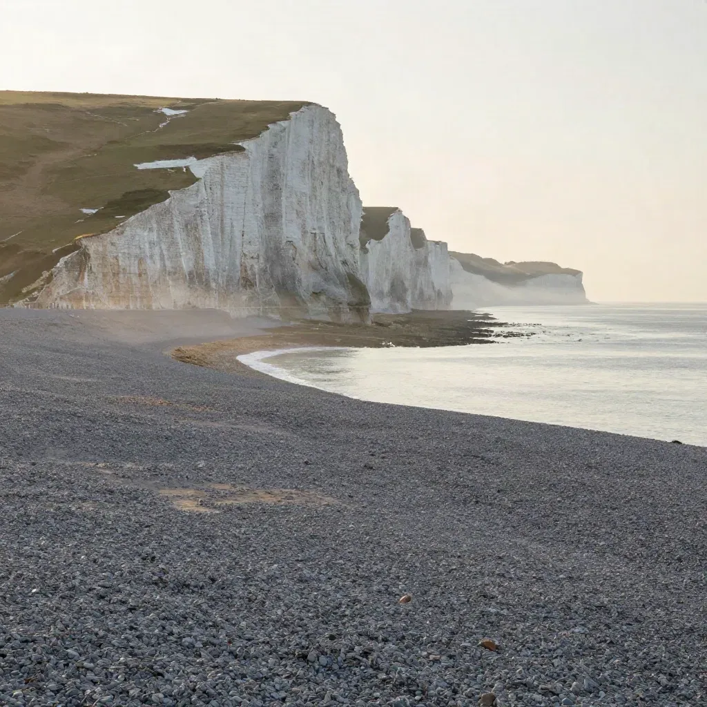White Cliffs at dawn above misty sea, calm shingle foreground, warm chalk light.