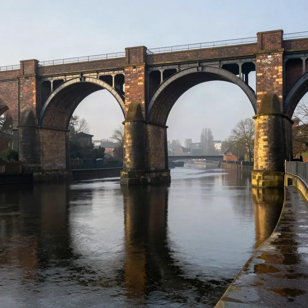 Golden-hour Birmingham canal basin with iron viaducts and brick arches reflecting after rain