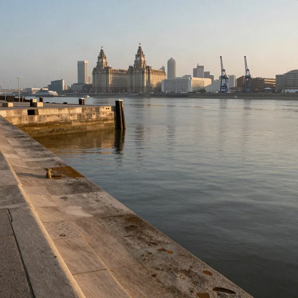 Liverpool waterfront at dusk with sandstone quays, tidal water and skyline haze